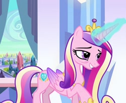 Size: 1320x1080 | Tagged: safe, derpibooru import, screencap, princess cadance, alicorn, pony, g4, the crystal empire, bags under eyes, concave belly, cropped, crown, crystal castle, crystal empire, exhausted, eyebrows, female, folded wings, glowing, glowing horn, horn, jewelry, long mane, mare, open mouth, peytral, regalia, slender, solo, standing, thin, tired, wings