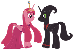 Size: 2800x1928 | Tagged: safe, artist:nathaniel718, derpibooru import, alicorn, pony, adventure time, business suit, cartoon network, clothes, couple, crown, dress, female, husband and wife, jewelry, male, mare, married couple, nergal, nergal and princess bubblegum, pink mane, princess bubblegum, regalia, simple background, stallion, the grim adventures of billy and mandy, white background