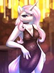 Size: 1535x2048 | Tagged: safe, artist:alphadesu, derpibooru import, fleur-de-lis, anthro, unicorn, g4, bedroom eyes, breasts, choker, cleavage, clothes, dress, eye clipping through hair, female, fleur-de-seins, hip fluff, horn, leaning, looking at you, shoulder fluff, smiling, solo