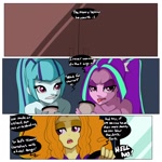 Size: 3000x3000 | Tagged: safe, artist:inuyuru, derpibooru import, adagio dazzle, aria blaze, sonata dusk, comic:dazzlings' van, equestria girls, g4, :p, coffee, comic, dialogue, disgusted, driving, female, high res, pigtails, ponytail, speech bubble, text, the dazzlings, the dazzlings tour bus, tongue, tongue out, trio, trio female, twintails, varying degrees of want, vulgar