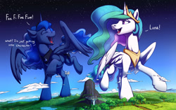 Size: 2000x1252 | Tagged: safe, artist:tsitra360, derpibooru import, princess celestia, princess luna, alicorn, pony, g4, bipedal, canterlot, crown, duo, duo female, fe fi fo fum, female, giant pony, giantess, giantlestia, jewelry, macro, mare, missing accessory, peytral, regalia, royal sisters, siblings, sisters, stars