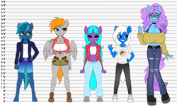 Size: 1292x817 | Tagged: safe, artist:tomi_ouo, derpibooru import, oc, oc only, oc:dee pad, oc:flicker frame, oc:joy pad, oc:rocksy amber, oc:sea dreamer, anthro, earth pony, pegasus, unicorn, abs, big breasts, breasts, cleavage, clothes, ear piercing, earring, eyeshadow, glasses, height difference, horn, huge breasts, jewelry, long hair, makeup, midriff, muscles, piercing, size comparison, sweater