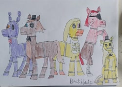 Size: 3429x2423 | Tagged: safe, artist:blackblade360, derpibooru import, earth pony, pony, robot, robot pony, bib, black eye, blue eyes, bonnie (fnaf), bowtie, brown coat, brown mane, chica, clothes, colored pencil drawing, creepy, crossover, endoskeleton, eraser, eyepatch, female, five nights at freddy's, foxy, freddy fazbear, goldenfreddy, hat, head tilt, irl, long mane, looking at you, male, multiple characters, pants, paper, photo, ponified, pose, purple coat, purple eyes, rearing, red coat, red mane, robot hoove, roboticization, signature, simple background, sitting, species swap, table, traditional art, video game, video game crossover, white background, white pupils, yellow coat, yellow mane