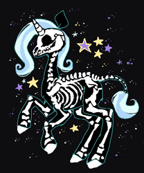 Size: 500x600 | Tagged: safe, artist:suippumato, derpibooru import, trixie, pony, skeleton pony, unicorn, g4, black background, bone, digital art, female, horn, mare, pixel art, rearing, simple background, skeleton, solo, stars