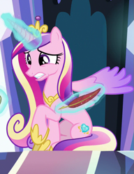 Size: 541x705 | Tagged: safe, derpibooru import, screencap, princess cadance, alicorn, pony, g4, the beginning of the end, cropped, crystal castle, crystal empire, magic, quill pen, solo, telekinesis