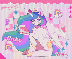 Size: 2048x1691 | Tagged: safe, artist:emoboy130, derpibooru import, princess celestia, alicorn, pony, g4, :p, abstract background, cake, cake slice, cakelestia, chest fluff, colored, colored pinnae, concave belly, crown, ear fluff, ears, ethereal mane, ethereal tail, eye clipping through hair, eyebrows, female, floating heart, food, heart, hoof shoes, horn, jewelry, long horn, long mane, looking away, mare, missing accessory, multicolored mane, multicolored tail, partially open wings, pink eyes, pink text, princess shoes, raised eyebrow, raised hoof, raised leg, regalia, shrunken pupils, signature, sitting, solo, sparkles, sticker, tail, text, thick eyelashes, tiara, tongue, tongue out, unicorn horn, wavy mane, white coat, wings, zoom layer