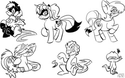 Size: 1066x664 | Tagged: safe, artist:kompy, derpibooru import, oc, oc only, bat pony, earth pony, original species, pegasus, pony, snake, snake pony, unicorn, black and white, grayscale, horn, monochrome, simple background, white background