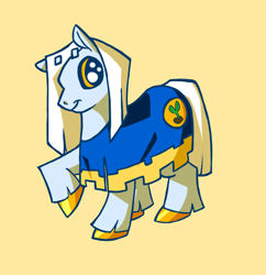 Size: 794x821 | Tagged: safe, artist:betrys, derpibooru import, oc, oc only, earth pony, pony, clothes, colored hooves, gold hooves, hooves, raised hoof, raised leg, simple background, solo, unshorn fetlocks, yellow background