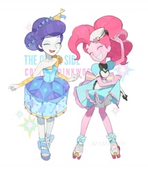 Size: 1285x1485 | Tagged: safe, artist:bilidongdong, derpibooru import, pinkie pie, rarity, human, equestria girls, g4, bare shoulders, carousel dress, clothes, dancing, dress, duo, duo female, eyes closed, female, grin, open mouth, open smile, roller skates, server pinkie pie, simple background, skates, smiling, text, white background