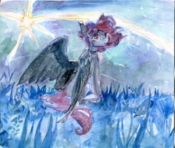 Size: 1199x1010 | Tagged: safe, artist:laymy, derpibooru import, oc, oc only, pegasus, pony, female, field, looking at you, looking back, looking back at you, mare, night, partially open wings, shooting star, sitting, solo, traditional art, watercolor painting, wings