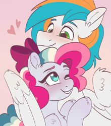 Size: 1599x1817 | Tagged: safe, artist:skysorbett, derpibooru import, oc, oc only, oc:sky sorbet, oc:twister joy, pegasus, bow, couple, cute, duo, duo male and female, female, gradient background, hair bow, heart, hug, looking at each other, looking at someone, male, mare, pegasus oc, sketch, smiling, smiling at each other, stallion, winghug, wings