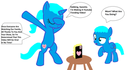 Size: 5024x2776 | Tagged: safe, artist:memeartboi, derpibooru import, pegasus, pony, unicorn, awesome, beautiful, bipedal, colt, confused, confusion, cool, cute, dab, duo, duo male and female, female, foal, gumball watterson, heart, horn, male, mare, mother, mother and child, mother and son, nicole watterson, parent and child, phone, ponified, simple background, species swap, style, stylish, surprised, table, the amazing world of gumball, tiktok, trending, video camera, viral, white background, wings, youtube