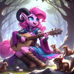 Size: 1024x1024 | Tagged: safe, ai content, derpibooru import, generator:dall-e 3, machine learning generated, pinkie pie, anthro, squirrel, g4, boots, ear piercing, earring, female, forest, forest background, guitar, horn, horns, jewelry, musical instrument, nature, piercing, playing instrument, prompter:morishy1000, rock, shoes, singing, sitting, sitting on rock, species swap, tiefling, tree