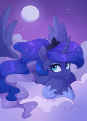 Size: 1654x2299 | Tagged: safe, artist:skysorbett, derpibooru import, princess luna, alicorn, pony, g4, cloud, crown, cute, ethereal mane, eyeshadow, female, full moon, horn, jewelry, looking at you, lying down, makeup, mare, moon, night, on a cloud, regalia, sky, smiling, smiling at you, solo, spread wings, starry mane, stars, wavy mane, wings
