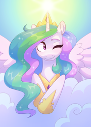 Size: 1654x2299 | Tagged: safe, artist:skysorbett, derpibooru exclusive, derpibooru import, princess celestia, alicorn, pony, g4, cloud, crown, cute, cutelestia, ethereal mane, female, horn, jewelry, mare, on a cloud, one eye closed, regalia, sky, smiling, solo, spread wings, starry mane, wavy mane, wings