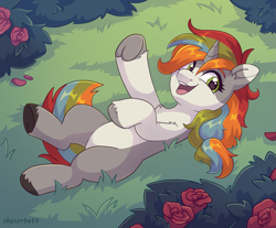 Size: 2455x2035 | Tagged: safe, artist:skysorbett, derpibooru import, oc, oc only, pony, unicorn, bush, chest fluff, female, filly, flower, foal, frog (hoof), grass, hooves, horn, looking at you, lying down, multicolored mane, raised hoof, raised leg, rose, smiling, smiling at you, solo, two toned coat, underhoof