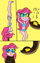 Size: 517x806 | Tagged: safe, artist:beecartoonist13, derpibooru import, pinkie pie, human, equestria girls, g4, balancing, banana, belly button, belly dance, belly dancer, bikini, breasts, clothes, coils, comic, cute, diapinkes, duo, female, food, hypno eyes, hypno pie, hypnosis, hypnotized, kaa, kaa eyes, looking at each other, looking at someone, male, mouth stuffed, music notes, pinkie pies, singing, sleeping, swimsuit, wrapped snugly, wrapped up