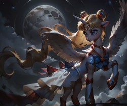 Size: 2080x1728 | Tagged: safe, ai content, derpibooru import, generator:pony diffusion v6 xl, generator:stable diffusion, machine learning generated, alicorn, alicornified, anonymous prompter, clothes, concave belly, fit, moon, night, race swap, sailor moon (series), sailor uniform, slender, thin, tsukino usagi, uniform