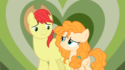 Size: 1280x720 | Tagged: safe, artist:themexicanpunisher, derpibooru import, bright mac, pear butter, earth pony, pony, g4, brightbutter, card, couple, duo, duo male and female, female, freckles, hat, heart, heart background, looking at each other, looking at someone, male, mare, shipping, shipping card, smiling, smiling at each other, stallion, straight