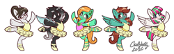 Size: 2424x752 | Tagged: safe, artist:chiefywiffy, derpibooru import, blossomforth, raven, oc, oc:goldheart, changeling, pegasus, pony, robot, robot pony, unicorn, g4, ballerina, commission, horn, simple background, white background, ych result