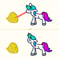 Size: 3340x3332 | Tagged: safe, artist:municorn, derpibooru import, oc, oc only, oc:municorn, pony, unicorn, food, gradient mane, gradient tail, horn, lemon, lemon meme, long tongue, meme, puckered face, solo, tail, tongue, tongue out