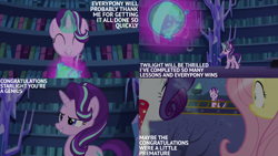 Size: 2000x1125 | Tagged: safe, derpibooru import, edit, edited screencap, editor:quoterific, screencap, fluttershy, rarity, starlight glimmer, every little thing she does, g4, female, library, trio, trio female, twilight's castle, twilight's castle library