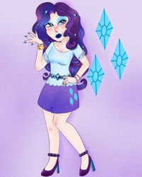 Size: 826x1029 | Tagged: safe, artist:burbernoodle, derpibooru import, rarity, human, g4, belt, bracelet, clothes, eyeshadow, female, high heels, humanized, jewelry, lipstick, makeup, nail polish, purple background, shirt, shoes, simple background, skirt, solo, t-shirt