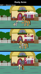 Size: 1920x3516 | Tagged: safe, artist:platinumdrop, derpibooru import, derpy hooves, oc, oc:dusty hooves, comic:dusty acres, g4, 3 panel comic, blank flank, comic, commission, farm, female, filly, foal, greeting, happy, house, hug, smiling, speech bubble, talking, younger