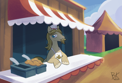 Size: 1707x1158 | Tagged: safe, artist:php191, derpibooru import, jeff letrotski, earth pony, pony, g4, apron, background, clothes, counter, detailed background, hooves, looking at you, male, stallion, trade ya!