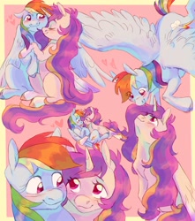 Size: 1500x1700 | Tagged: safe, artist:abbytabbys, derpibooru import, rainbow dash, oc, alicorn, pegasus, pony, g4, alicorn oc, blue coat, blushing, border, canon x oc, colored, colored eyebrows, colored horn, commission, cuddling, doodle page, duo, duo female, ears, eye clipping through hair, eyebrows, eyebrows visible through hair, eyelashes, female, floating heart, floppy ears, flying, glomp, heart, horn, hug, large wings, lesbian, long mane, long tail, looking at each other, looking at someone, looking down, looking up, mare, multicolored hair, oc name needed, partially open wings, pink background, pink coat, pink eyes, rainbow hair, rainbow tail, shiny mane, shiny tail, shipping, simple background, sitting, sketch page, smiling, smiling at each other, spread wings, tail, tri-color hair, tri-color mane, tri-color tail, tricolored hair, tricolored mane, tricolored tail, unicorn horn, wavy mane, wavy tail, wing fluff, wings