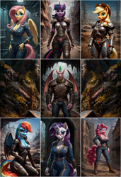 Size: 3331x4864 | Tagged: safe, ai content, derpibooru import, generator:stable diffusion, machine learning generated, part of a set, applejack, fluttershy, pinkie pie, rainbow dash, rarity, spike, twilight sparkle, anthro, dragon, earth pony, pegasus, plantigrade anthro, unicorn, fallout equestria, g4, absurd resolution, alternate universe, armor, breasts, cleavage, clothes, female, horn, male, mane six, preview, prompter:lunarusnexus, raider armor, vault suit