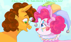 Size: 1610x959 | Tagged: safe, artist:abbytabbys, derpibooru import, cheese sandwich, gummy, pinkie pie, crocodile, earth pony, pony, g4, alternate universe, blue eyes, blushing, clown makeup, colored, colored eyebrows, colt, colt cheese sandwich, curly hair, curly mane, day, dialogue, duo focus, ear fluff, ears, eyebrows, facing each other, female, filly, filly pinkie pie, floppy ears, foal, frown, glasses, green eyes, green text, hat, height difference, implied cheesepie, implied shipping, implied straight, jester hat, looking at each other, looking at someone, male, open mouth, open smile, orange coat, outdoors, profile, raised eyebrow, round glasses, ruffles, shiny mane, short mane, sky background, smiling, talking, tall ears, teeth, text, trio, younger