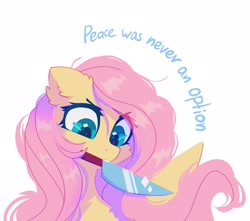 Size: 2174x1918 | Tagged: safe, artist:mirtash, derpibooru import, fluttershy, pegasus, pony, g4, big eyes, blue text, cheek fluff, ear fluff, ears, eye clipping through hair, female, folded wings, holding a knife, knife, long mane, looking down, mare, mouth hold, narrowed eyes, peace was never an option, pink mane, shiny eyes, shiny mane, simple background, solo, sparkly eyes, teal eyes, text, wavy mane, white background, wingding eyes, wings, yellow coat