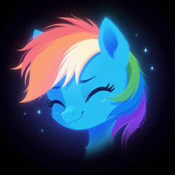 Size: 1560x1560 | Tagged: safe, ai content, derpibooru import, generator:stable diffusion, machine learning generated, rainbow dash, pegasus, pony, g4, :3, beautiful, black background, bust, cheek fluff, cute, dashabetes, ear fluff, ears, eyes closed, female, generator:bluefox mix, glowing, mare, portrait, prompter:adorablebluefox, simple background, smiling, solo, upper body