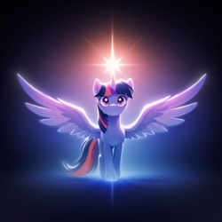 Size: 1702x1702 | Tagged: safe, ai content, derpibooru import, generator:stable diffusion, machine learning generated, twilight sparkle, twilight sparkle (alicorn), alicorn, pony, g4, :3, backlighting, female, generator:bluefox mix, glowing, glowing horn, gradient background, horn, looking at you, mare, prompter:adorablebluefox, smiling, smiling at you, solo, spread wings, walking towards you, wings