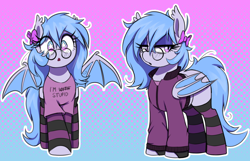 Size: 2180x1400 | Tagged: safe, artist:thebatfang, derpibooru import, oc, oc only, oc:lucky roll, bat pony, pony, :o, abstract background, bat pony oc, bow, clothes, cute, duality, female, glasses, gradient background, hair bow, i'm with stupid, jacket, lidded eyes, looking at you, mare, ocbetes, open mouth, patterned background, shirt, socks, solo, spread wings, starry eyes, striped socks, t-shirt, white outline, wingding eyes, wings