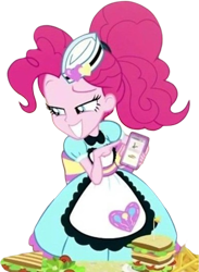 Size: 1843x2520 | Tagged: safe, derpibooru import, edit, edited screencap, editor:homersimpson1983, editor:mrtoonlover83, screencap, pinkie pie, human, equestria girls, g4, apron, background removed, bowtie, cellphone, clothes, curly hair, eyebrows, female, not a vector, phone, pointing, raised eyebrow, simple background, smartphone, smiling, solo, transparent background