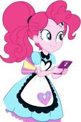 Size: 1681x2520 | Tagged: safe, derpibooru import, edit, edited screencap, editor:homersimpson1983, screencap, pinkie pie, human, equestria girls, g4, apron, background removed, bowtie, cellphone, clothes, curly hair, female, not a vector, phone, ponytail, simple background, smartphone, solo, transparent background, waitress