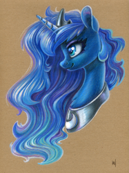 Size: 971x1300 | Tagged: safe, artist:maytee, derpibooru import, princess luna, alicorn, pony, g4, bust, colored pencil drawing, neck fluff, portrait, profile, smiling, solo, toned paper, traditional art