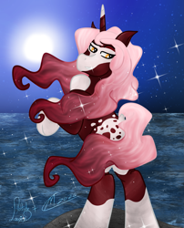 Size: 2627x3256 | Tagged: safe, artist:loopina, artist:maître cervidé, derpibooru import, oc, oc only, oc:exotic savannah, unicorn, collaboration, flirting, horn, male, night, ocean, stallion, water