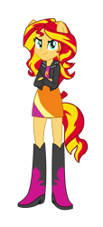 Size: 865x1898 | Tagged: safe, artist:qbert2kcat, derpibooru import, sunset shimmer, equestria girls, g4, boots, clothes, crossed arms, high heel boots, jacket, ponied up, shirt, shoes, simple background, skirt, solo, transparent background