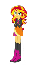 Size: 957x1762 | Tagged: safe, artist:qbert2kcat, derpibooru import, sunset shimmer, equestria girls, g4, boots, clothes, crossed arms, high heel boots, jacket, shirt, shoes, simple background, skirt, solo, transparent background