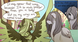 Size: 500x272 | Tagged: safe, artist:arboraims, derpibooru import, oc, oc only, oc:gray skies, oc:ickle muse, pegasus, pony, ask ickle muse, colored wings, female, mare, spread wings, two toned wings, wings