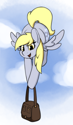 Size: 1213x2074 | Tagged: safe, artist:andelai, derpibooru import, derpy hooves, pegasus, pony, g4, bag, flying, happy, simple background, sky, smiling, solo