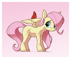 Size: 2701x2239 | Tagged: safe, artist:aquaticvibes, derpibooru import, fluttershy, bird, pegasus, pony, g4, blank flank, colored eyebrows, eyebrows, eyelashes, female, filly, filly fluttershy, foal, high res, looking at something, partially open wings, passepartout, shadow, simple background, smiling, solo, standing, unshorn fetlocks, white background, wings, younger