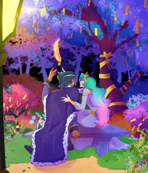 Size: 1200x1400 | Tagged: safe, artist:btanimator, derpibooru import, king sombra, princess celestia, butterfly, human, g4, bench, duo, duo male and female, facing away, female, garden, good king sombra, grin, humanized, levitation, light skin, looking at each other, looking at someone, magic, male, quill, ship:celestibra, shipping, sitting, smiling, smiling at each other, straight, tan skin, telekinesis, tree