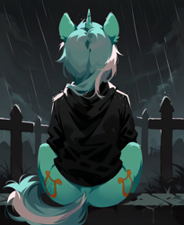Size: 864x1056 | Tagged: source needed, safe, anonymous artist, derpibooru import, lyra heartstrings, pony, unicorn, fanfic:background pony, g4, both cutie marks, butt, clothes, dig the swell hoodie, graveyard, hoodie, horn, lyrebutt, plot, rain, rear view, sitting
