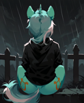 Size: 864x1056 | Tagged: source needed, safe, ai content, derpibooru import, machine learning generated, lyra heartstrings, pony, unicorn, fanfic:background pony, g4, both cutie marks, butt, clothes, dig the swell hoodie, graveyard, hoodie, horn, lyrebutt, plot, rain, rear view, sitting