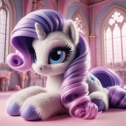 Size: 1024x1024 | Tagged: safe, ai content, machine learning generated, rarity, pony, unicorn, bing, castle, female, fluffy, mare, prone, solo, unshorn fetlocks, window