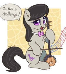 Size: 1642x1827 | Tagged: safe, artist:puetsua, derpibooru import, octavia melody, earth pony, pony, g4, bowtie, cheek fluff, chest fluff, cute, dialogue, ear fluff, ears, erhu, female, hoof hold, looking at you, mare, music notes, musical instrument, octavia's bowtie, open mouth, open smile, sitting, smiling, smiling at you, solo, speech bubble, tail, tavibetes